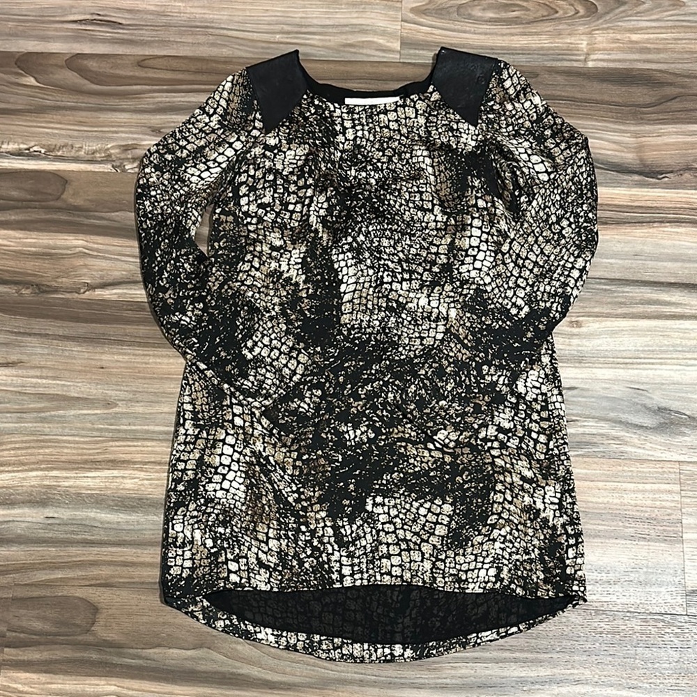 Dress the Population Women’s Sz S Snake Print Leather Detailing High Lo Dress